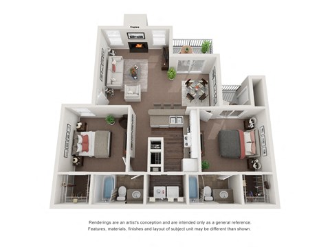 2 Bedroom 2 Bathroom 3D Floor Plan